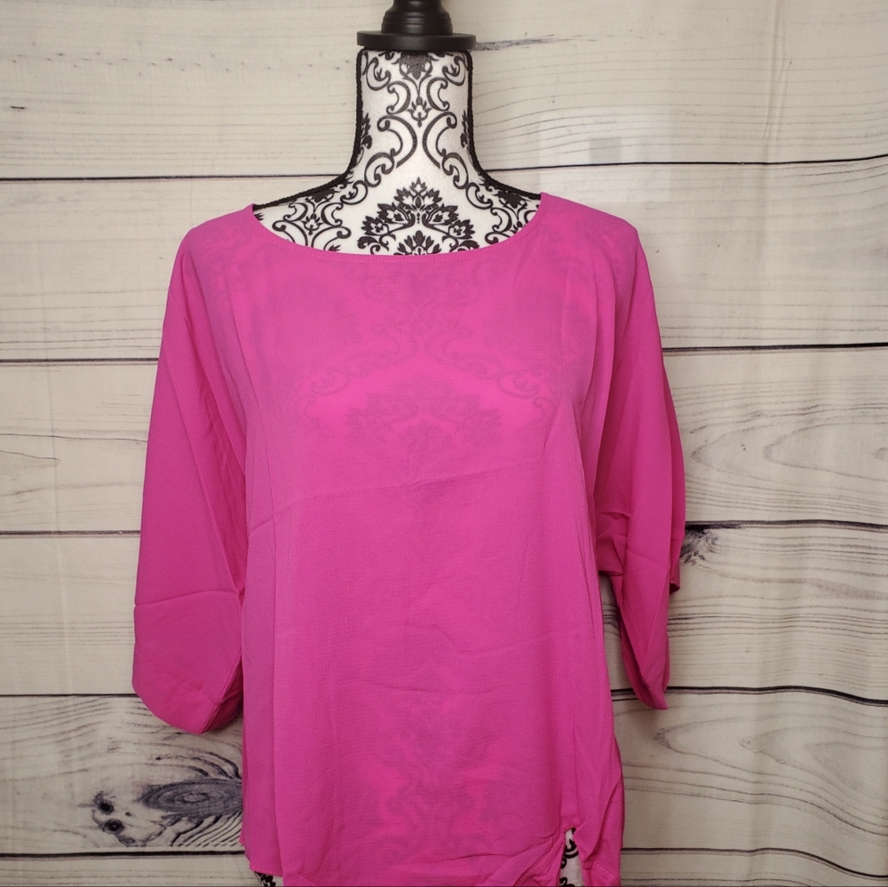 NWT Sky + Sky Women's Hot Pink Short Sleeve Blouse Top Side Bow Tie Hem Size Med